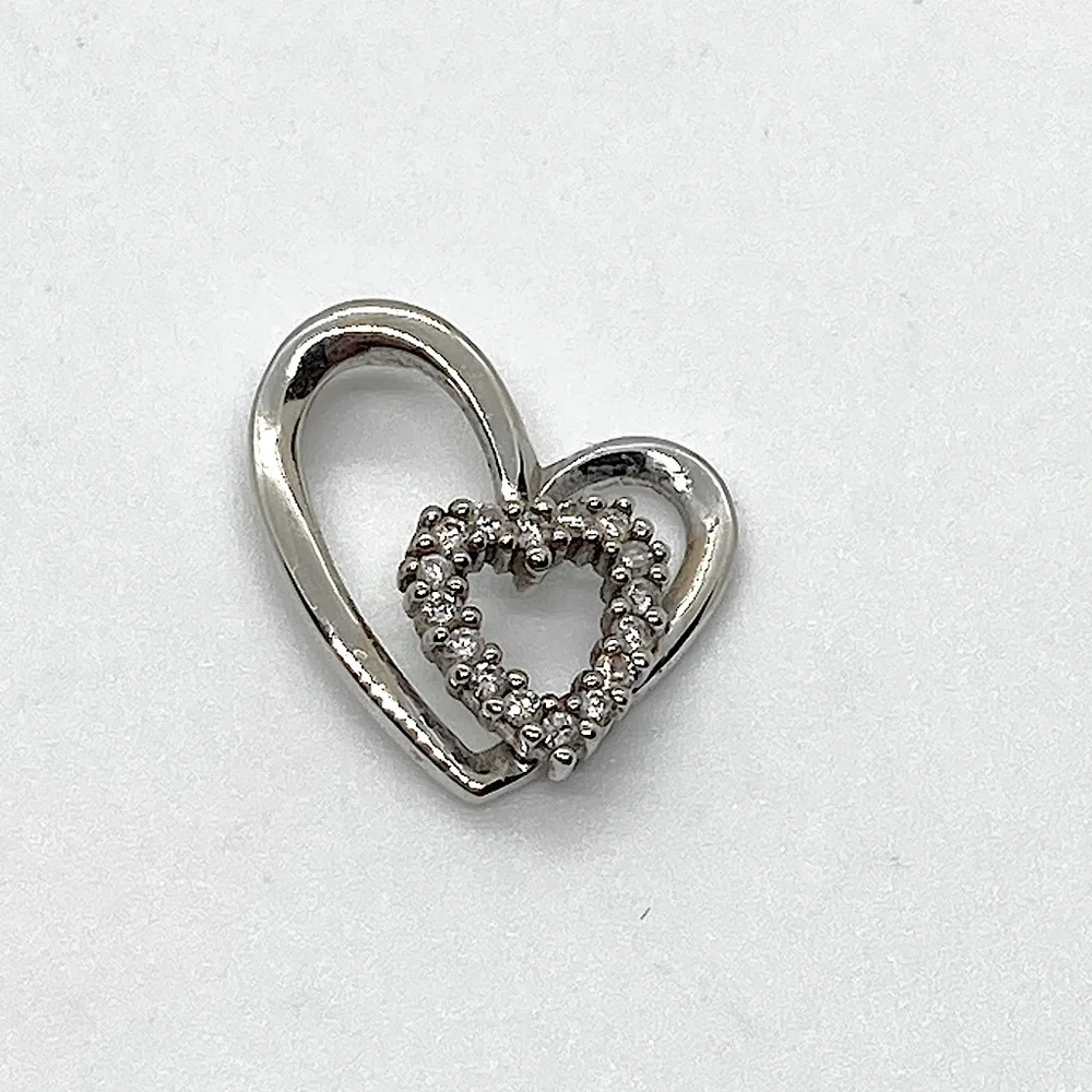 10k White Gold & Diamond Double Heart Pendant | .6” L / 1.3g - Picture 2 of 10